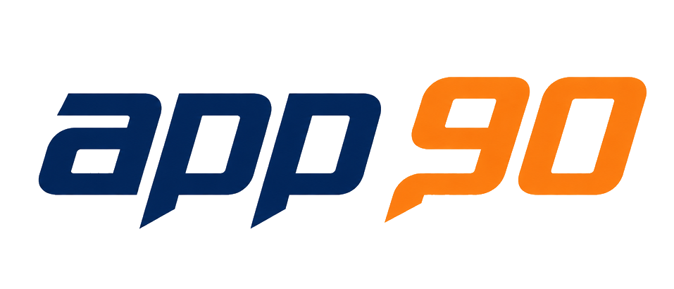 app 90 brand logo on dark neon homepage